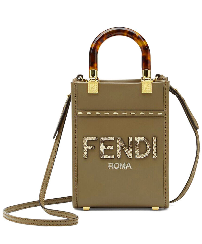 Fendi Mini Sunshine Shopper Leather And Elaphe Bag 8BS051 Khaki